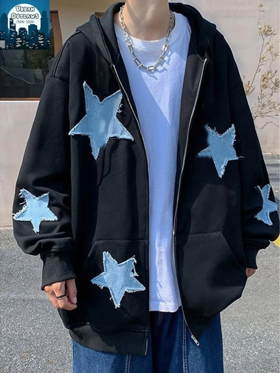 Sunwittafy Women Aesthetic Star Graphic Hoodie Y2k Zip Up Long Sleeve Oversized Sweatshirt Goth Jacket Vintage Streetwear