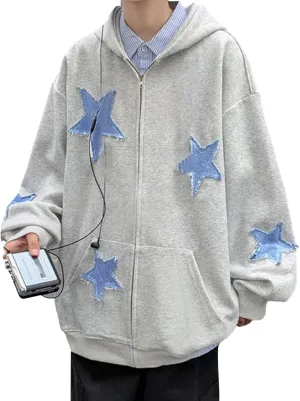 Sunwittafy Women Aesthetic Star Graphic Hoodie Y2k Zip Up Long Sleeve Oversized Sweatshirt Goth Jacket Vintage Streetwear
