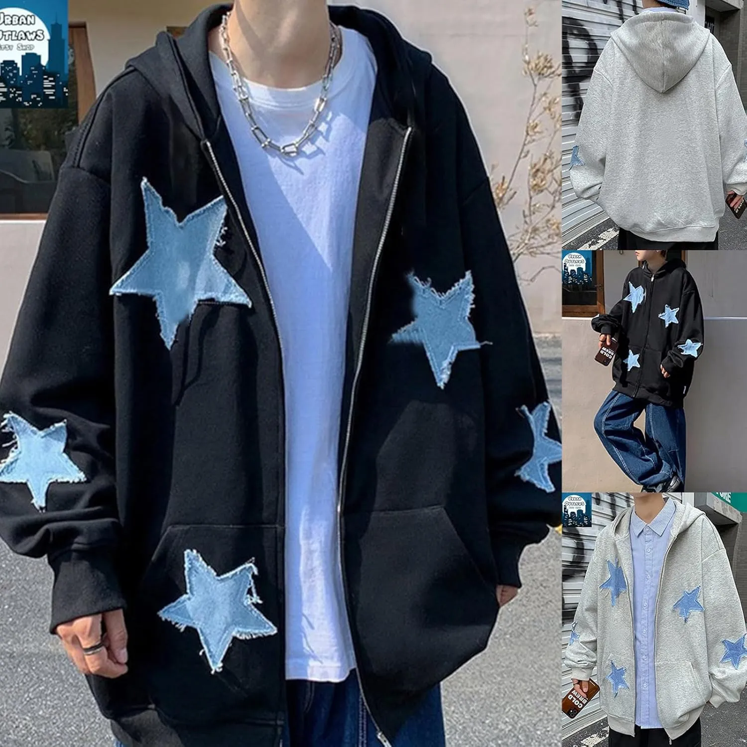 Sunwittafy Women Aesthetic Star Graphic Hoodie Y2k Zip Up Long Sleeve Oversized Sweatshirt Goth Jacket Vintage Streetwear
