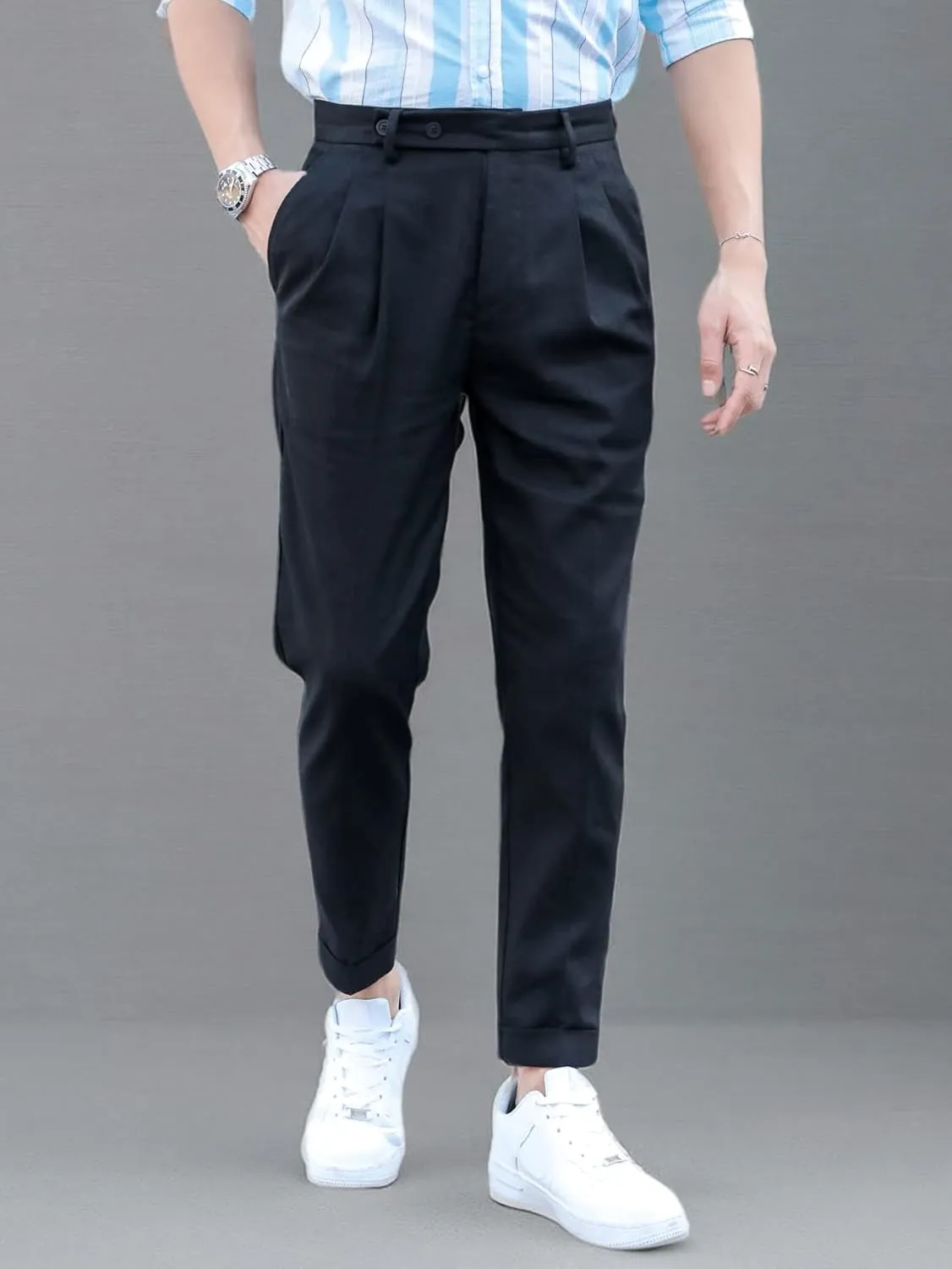 SweatyRocks Men's High Waist Fold Pleated Crop Suit Pants Work Office Business Long Trousers with Pockets