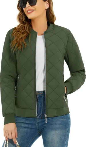 TACVASEN Women's Diamond Quilted Jackets Lightweight Casual Bomber Jacket Warm Winter Coats Full Zip with Pockets