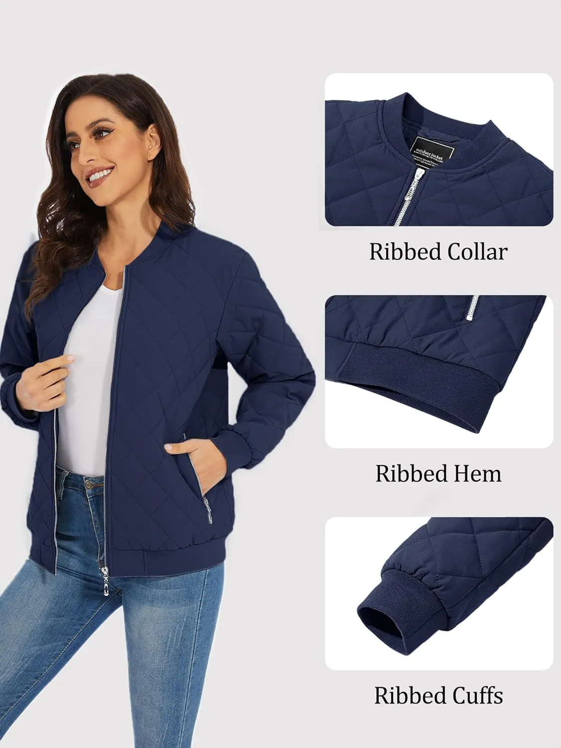 TACVASEN Women's Diamond Quilted Jackets Lightweight Casual Bomber Jacket Warm Winter Coats Full Zip with Pockets