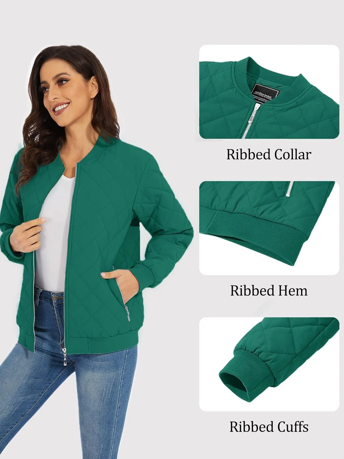 TACVASEN Women's Diamond Quilted Jackets Lightweight Casual Bomber Jacket Warm Winter Coats Full Zip with Pockets