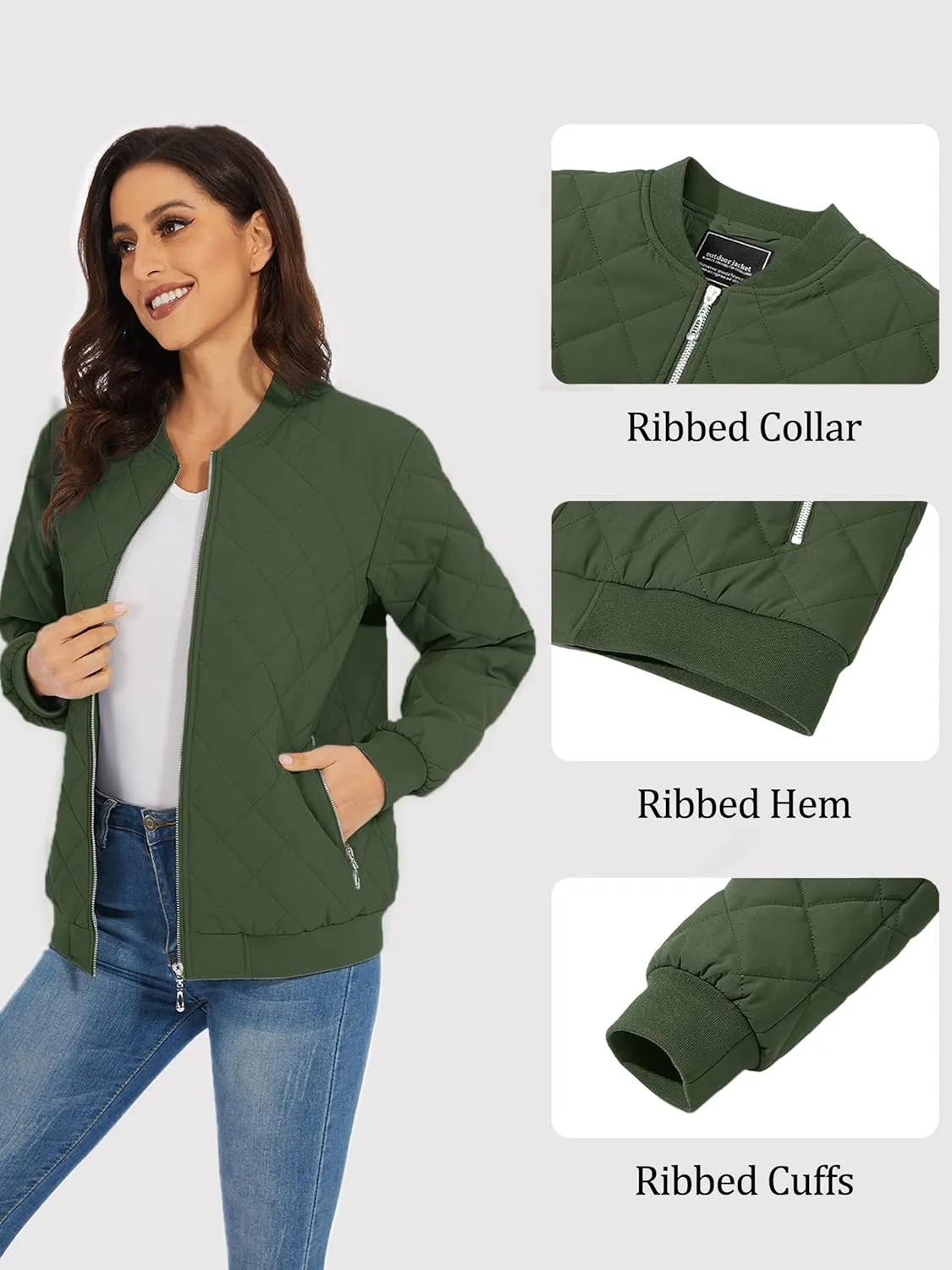 TACVASEN Women's Diamond Quilted Jackets Lightweight Casual Bomber Jacket Warm Winter Coats Full Zip with Pockets