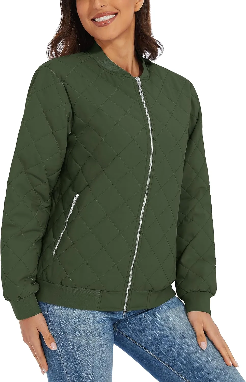 TACVASEN Women's Diamond Quilted Jackets Lightweight Casual Bomber Jacket Warm Winter Coats Full Zip with Pockets
