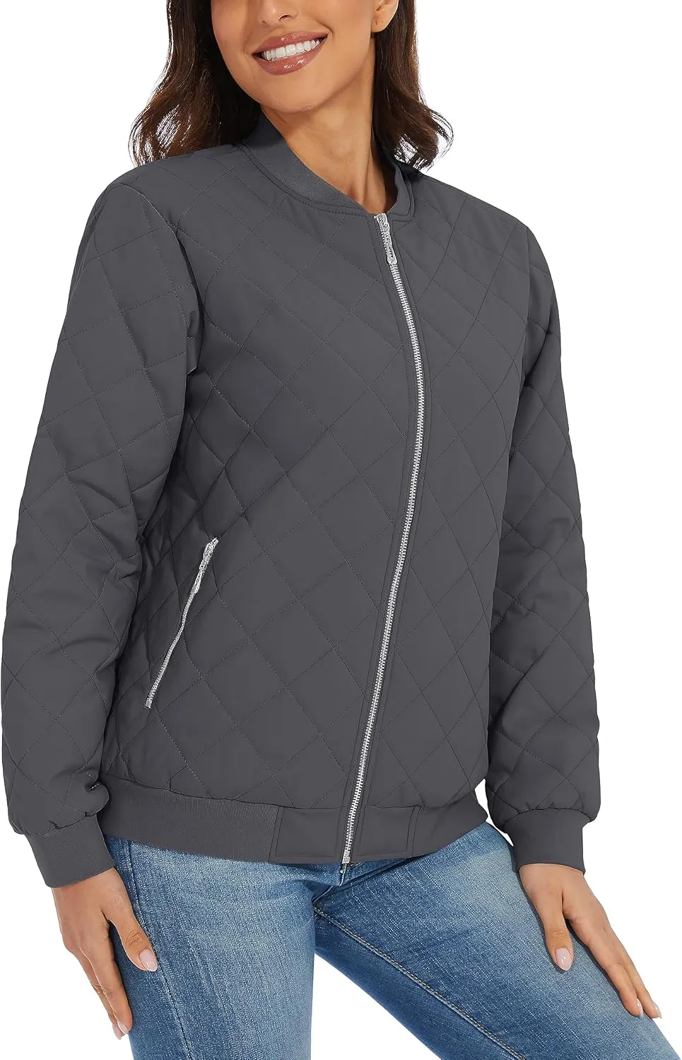 TACVASEN Women's Diamond Quilted Jackets Lightweight Casual Bomber Jacket Warm Winter Coats Full Zip with Pockets