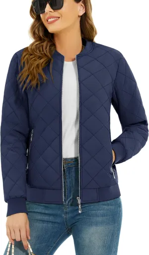 TACVASEN Women's Diamond Quilted Jackets Lightweight Casual Bomber Jacket Warm Winter Coats Full Zip with Pockets