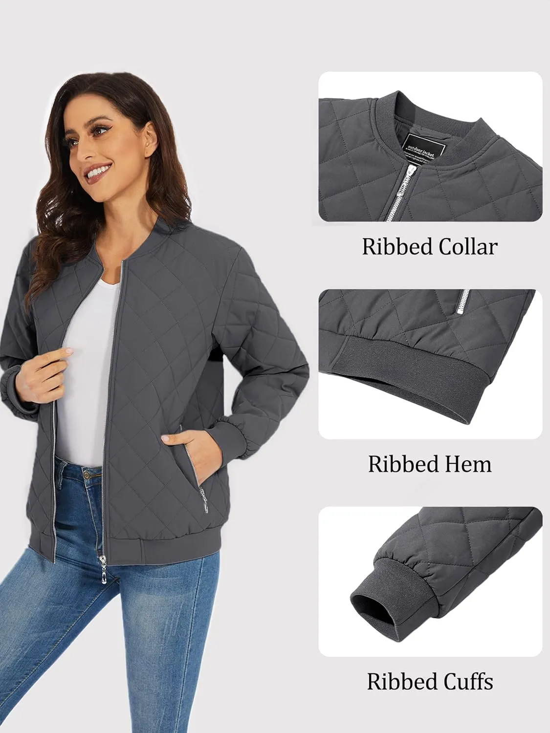 TACVASEN Women's Diamond Quilted Jackets Lightweight Casual Bomber Jacket Warm Winter Coats Full Zip with Pockets
