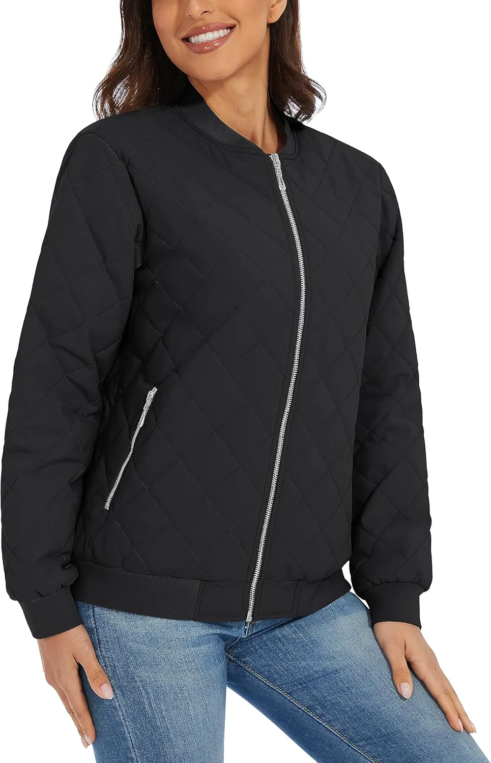 TACVASEN Women's Diamond Quilted Jackets Lightweight Casual Bomber Jacket Warm Winter Coats Full Zip with Pockets