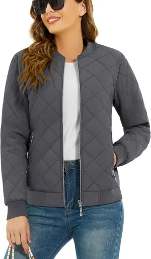 TACVASEN Women's Diamond Quilted Jackets Lightweight Casual Bomber Jacket Warm Winter Coats Full Zip with Pockets