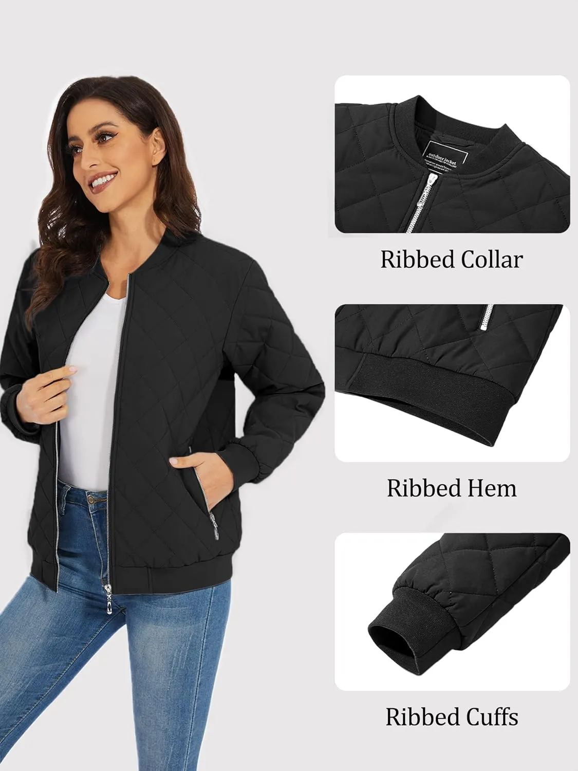 TACVASEN Women's Diamond Quilted Jackets Lightweight Casual Bomber Jacket Warm Winter Coats Full Zip with Pockets