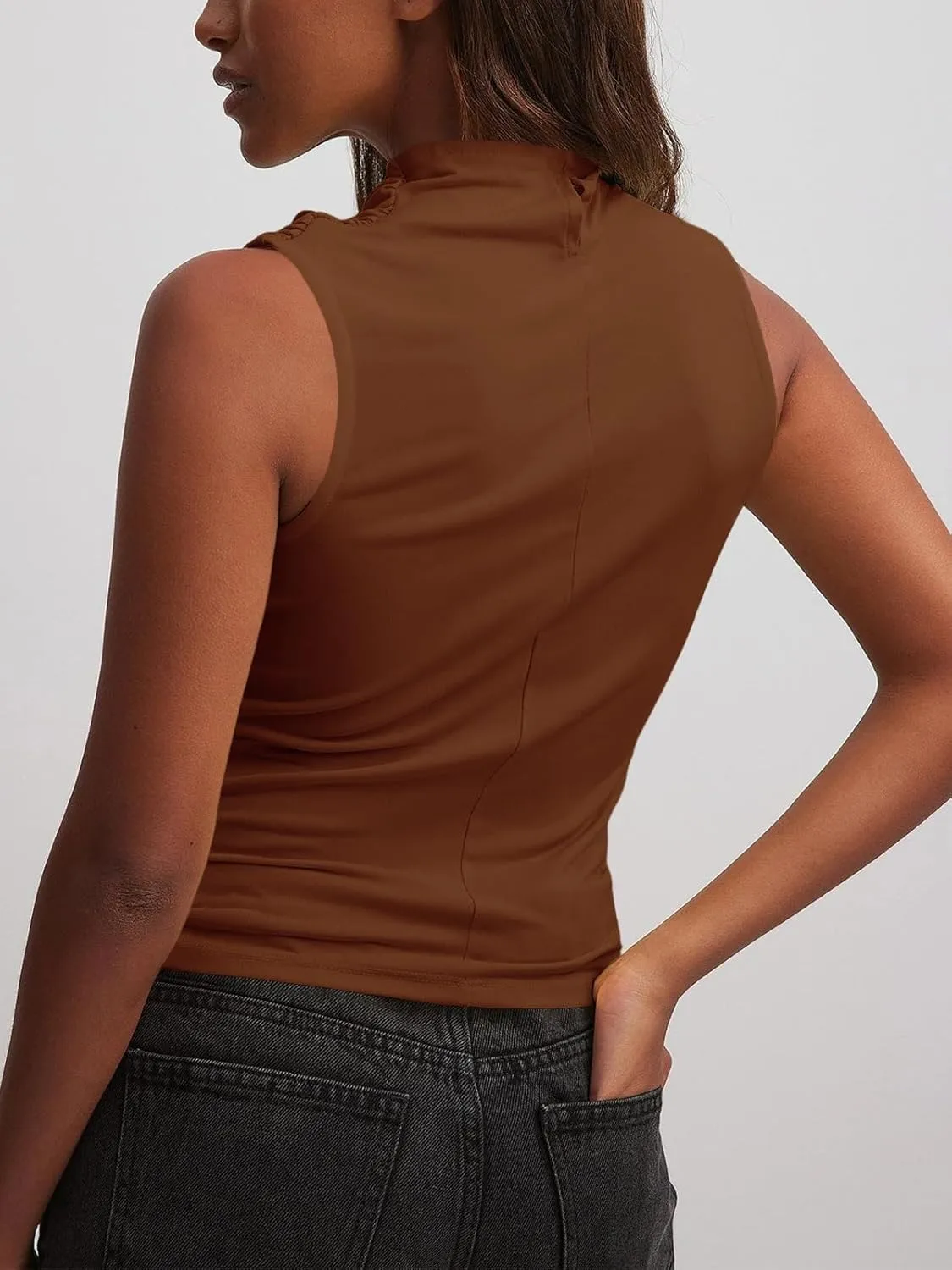 Tankaneo Womens Sleeveless Tank Tops Slim Fitted Mock Neck Draped Stretchy Summer Casual Ruched Tops