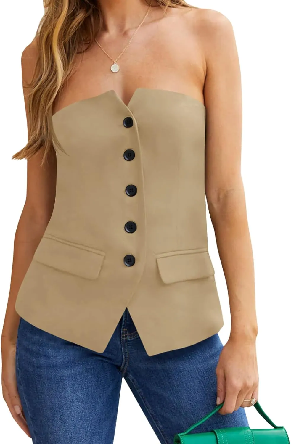 Tankaneo Womens Strapless Top Blazer Vest Notched Neck Tube Tops Sleeveless Button Fitted Work Blazers