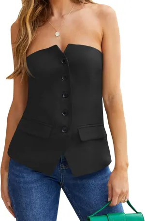 Tankaneo Womens Strapless Top Blazer Vest Notched Neck Tube Tops Sleeveless Button Fitted Work Blazers