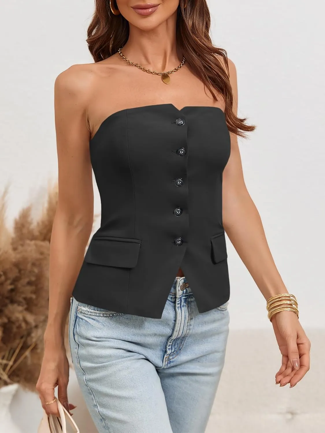 Tankaneo Womens Strapless Top Blazer Vest Notched Neck Tube Tops Sleeveless Button Fitted Work Blazers