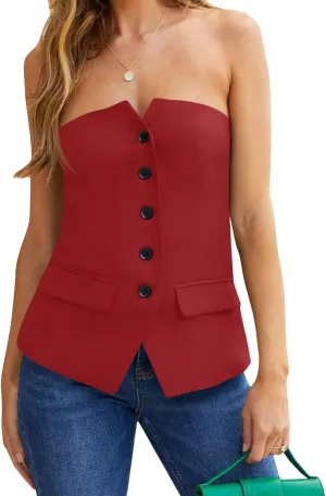 Tankaneo Womens Strapless Top Blazer Vest Notched Neck Tube Tops Sleeveless Button Fitted Work Blazers