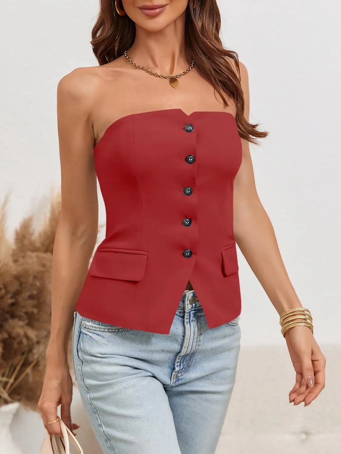 Tankaneo Womens Strapless Top Blazer Vest Notched Neck Tube Tops Sleeveless Button Fitted Work Blazers