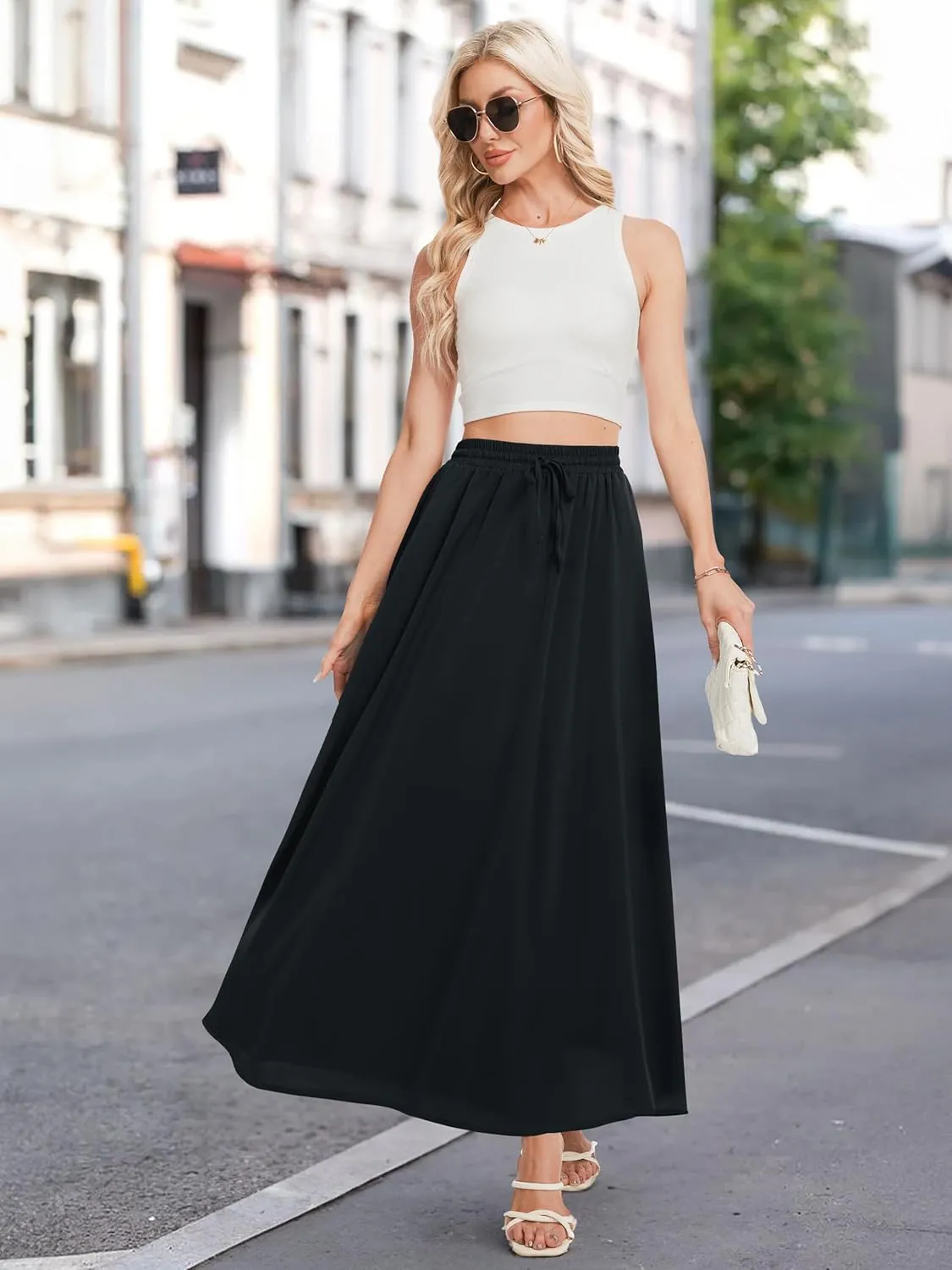 Tapata Women's Flowy Maxi Skirt Petite Regular Extra Long Casual Summer Pleated Skirts with Pockets