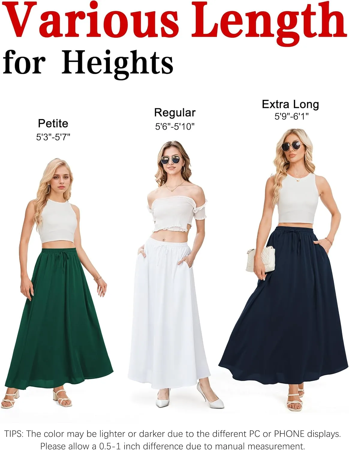 Tapata Women's Flowy Maxi Skirt Petite Regular Extra Long Casual Summer Pleated Skirts with Pockets