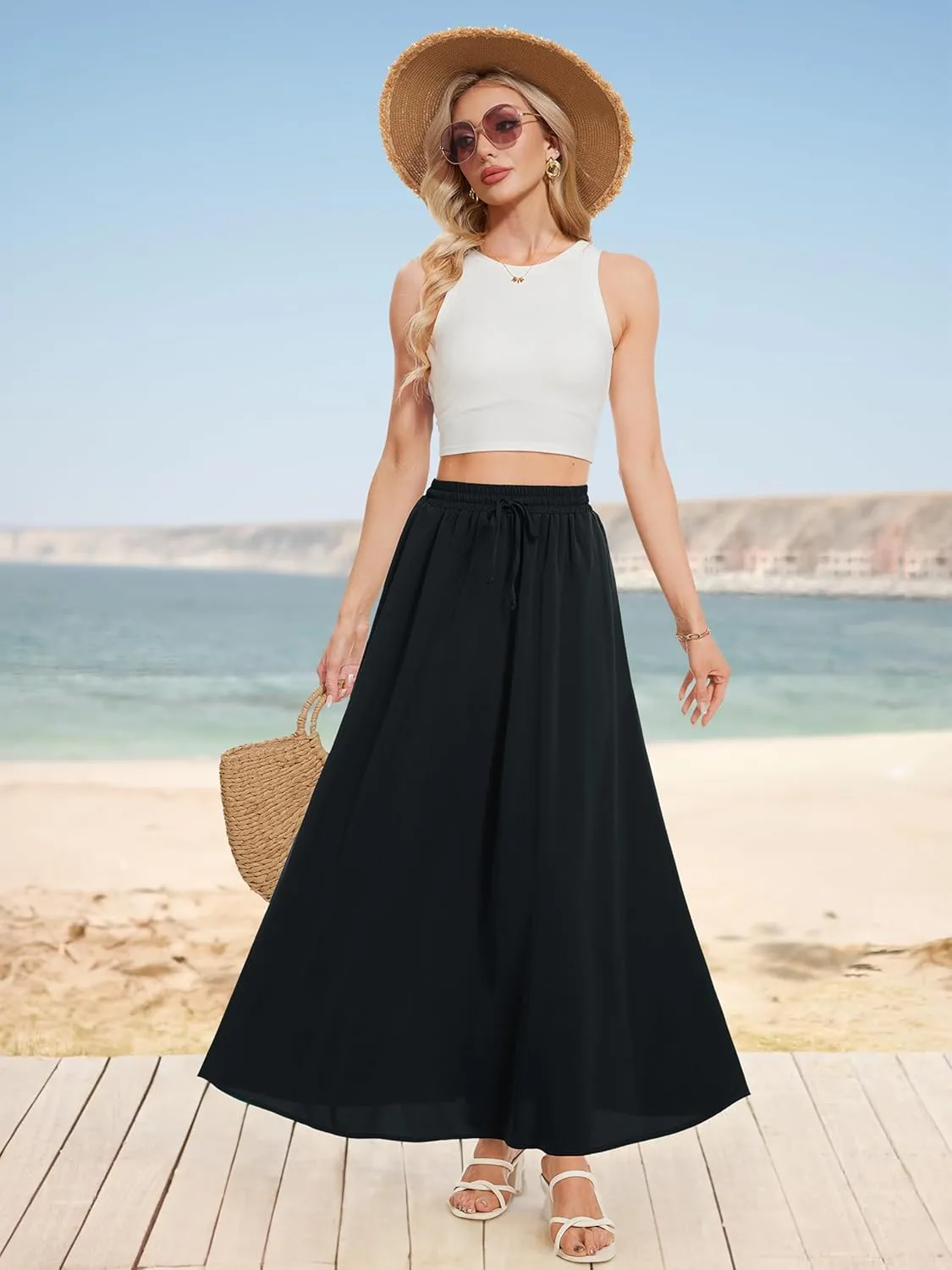 Tapata Women's Flowy Maxi Skirt Petite Regular Extra Long Casual Summer Pleated Skirts with Pockets