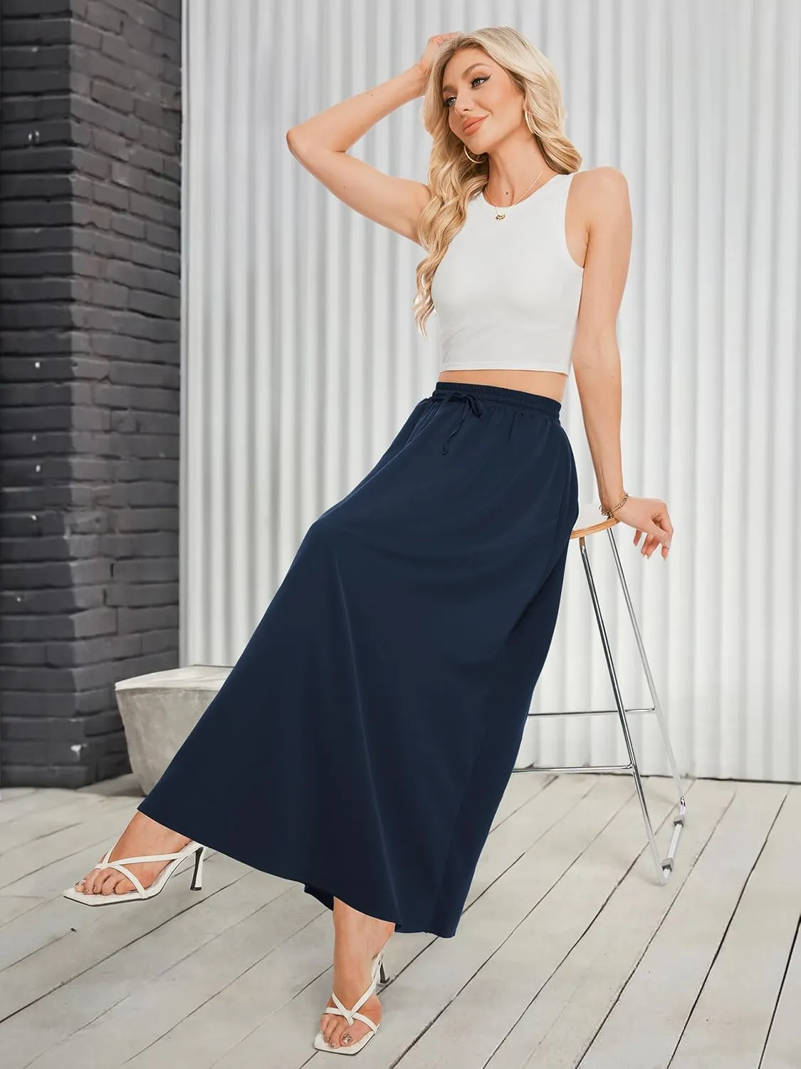 Tapata Women's Flowy Maxi Skirt Petite Regular Extra Long Casual Summer Pleated Skirts with Pockets