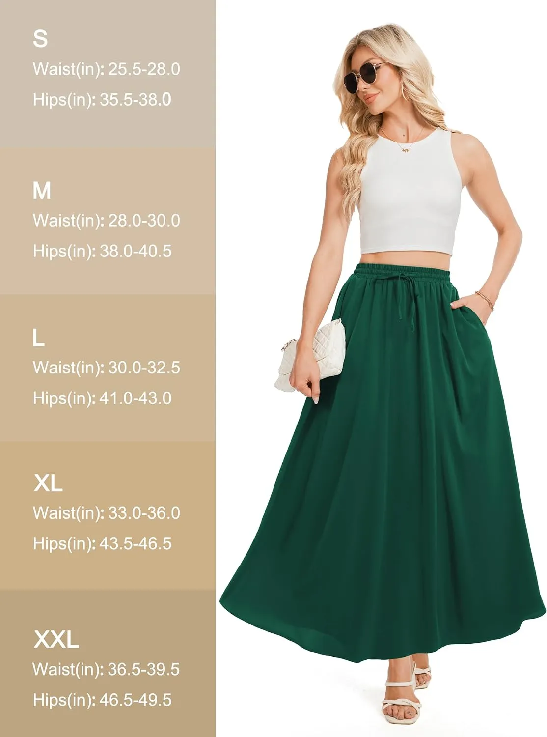 Tapata Women's Flowy Maxi Skirt Petite Regular Extra Long Casual Summer Pleated Skirts with Pockets