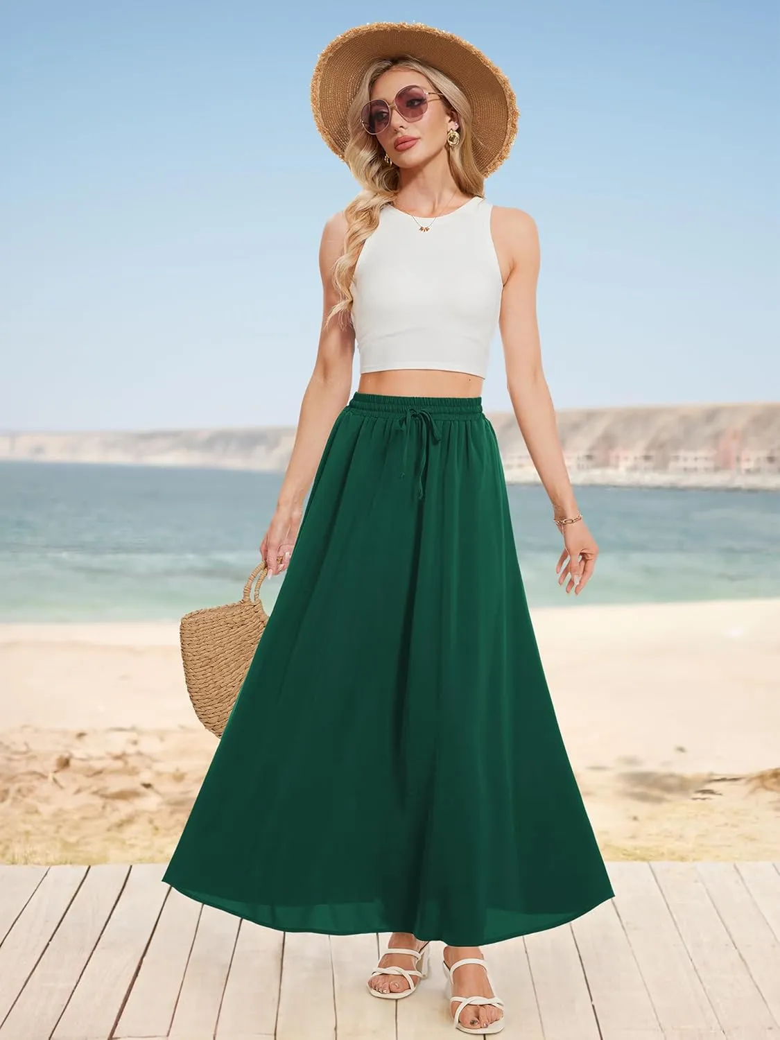 Tapata Women's Flowy Maxi Skirt Petite Regular Extra Long Casual Summer Pleated Skirts with Pockets