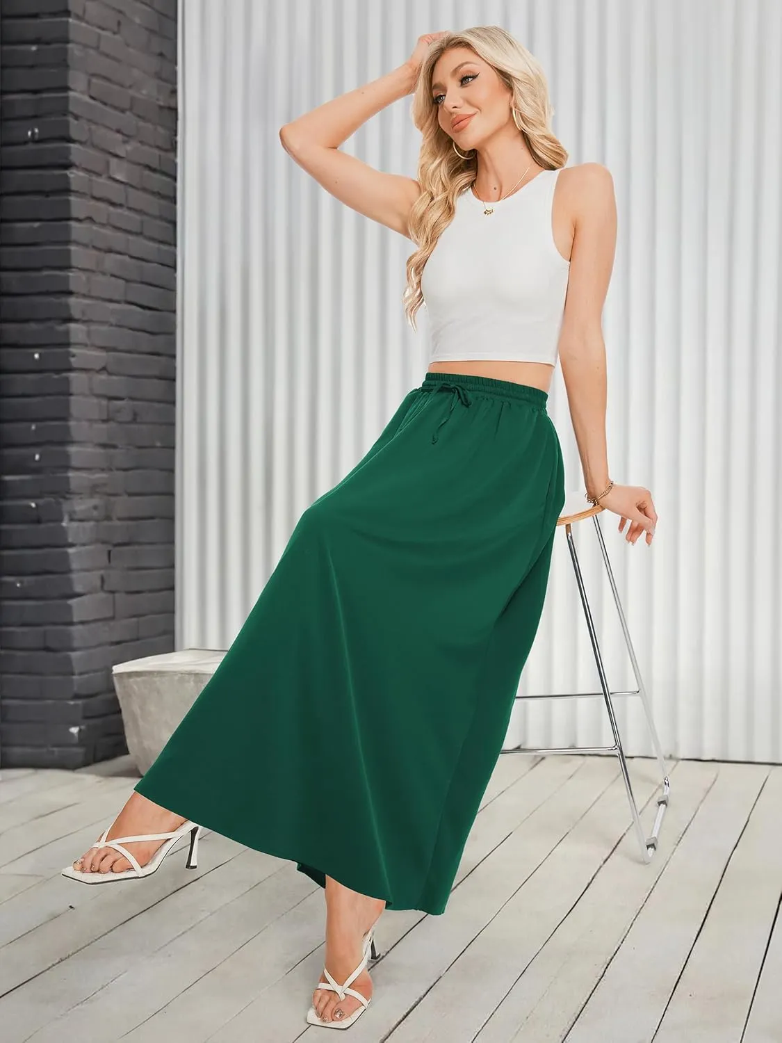 Tapata Women's Flowy Maxi Skirt Petite Regular Extra Long Casual Summer Pleated Skirts with Pockets