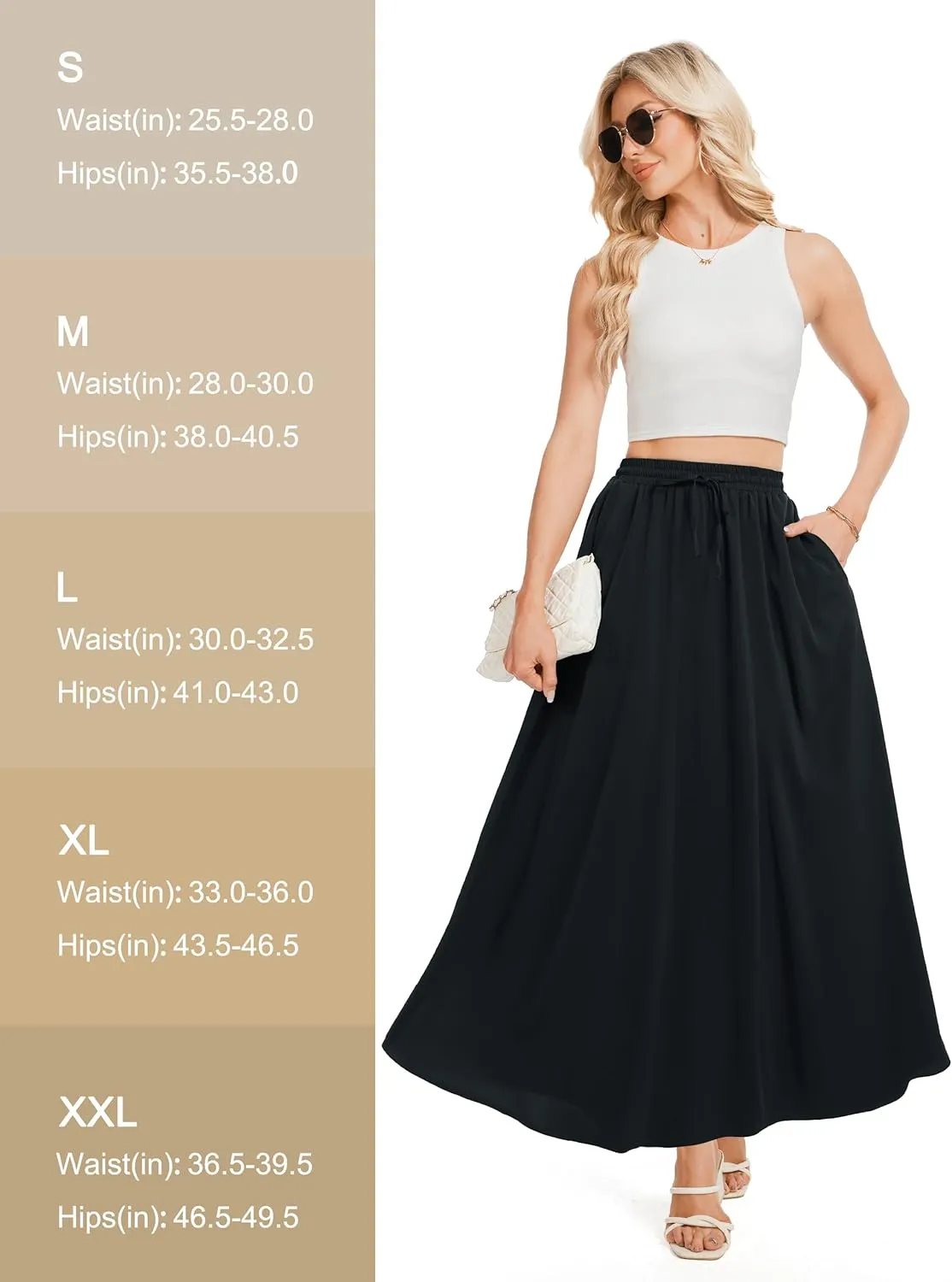 Tapata Women's Flowy Maxi Skirt Petite Regular Extra Long Casual Summer Pleated Skirts with Pockets