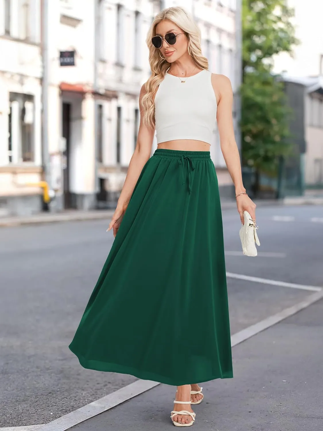 Tapata Women's Flowy Maxi Skirt Petite Regular Extra Long Casual Summer Pleated Skirts with Pockets