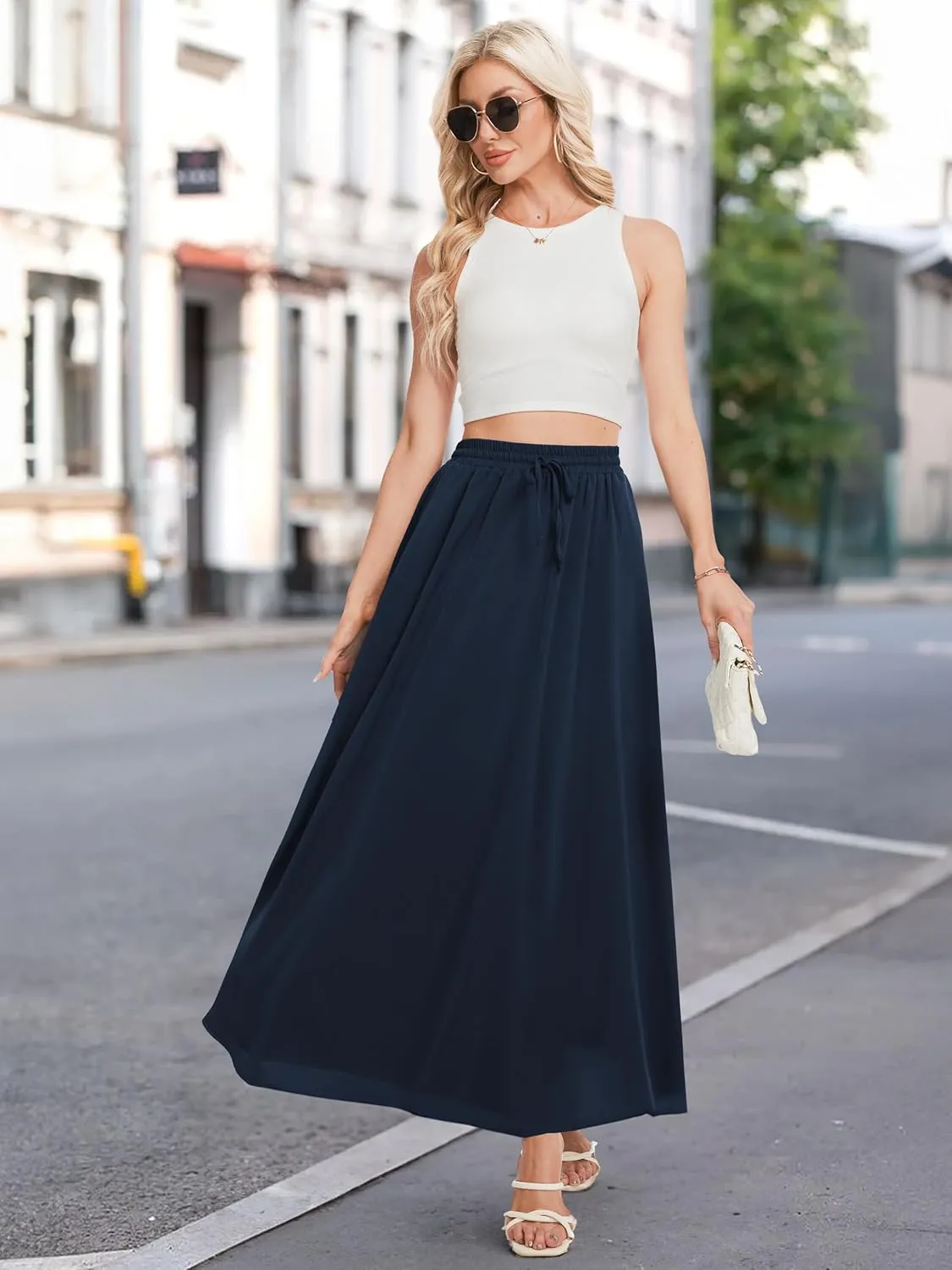 Tapata Women's Flowy Maxi Skirt Petite Regular Extra Long Casual Summer Pleated Skirts with Pockets