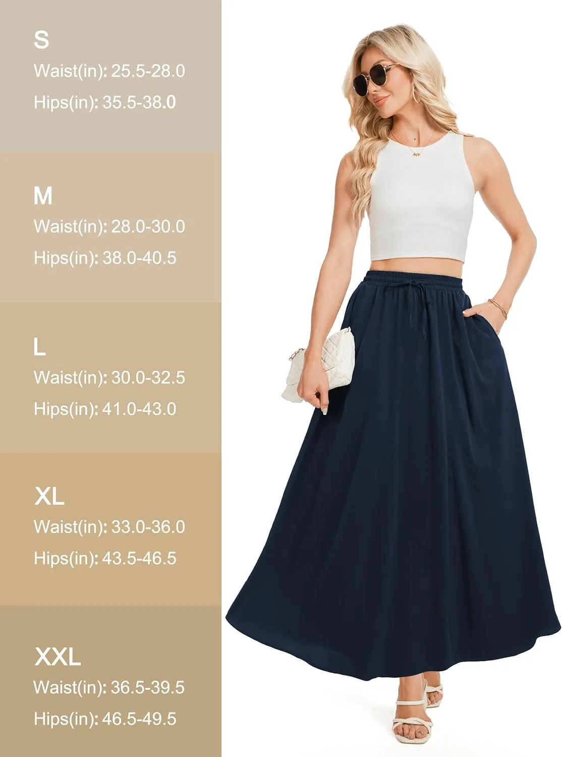 Tapata Women's Flowy Maxi Skirt Petite Regular Extra Long Casual Summer Pleated Skirts with Pockets