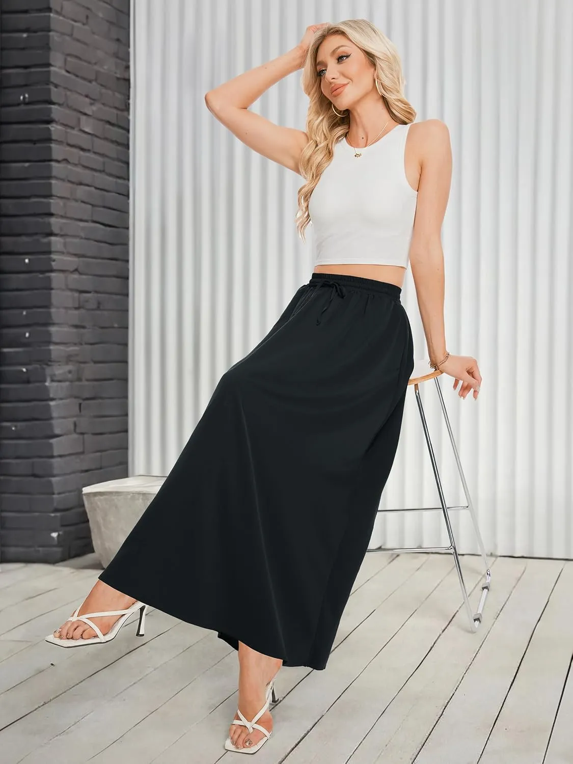 Tapata Women's Flowy Maxi Skirt Petite Regular Extra Long Casual Summer Pleated Skirts with Pockets