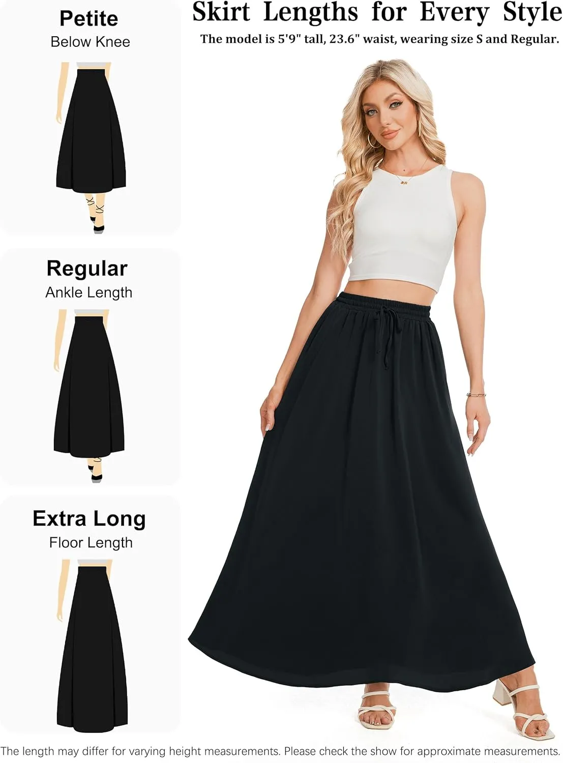 Tapata Women's Flowy Maxi Skirt Petite Regular Extra Long Casual Summer Pleated Skirts with Pockets