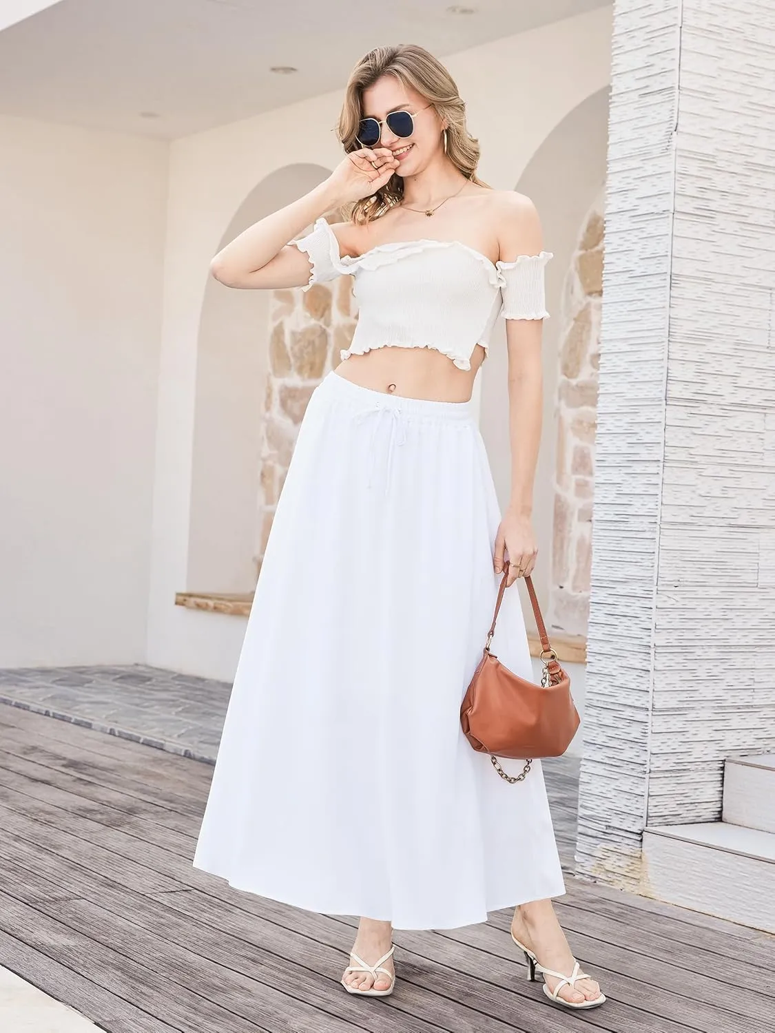 Tapata Women's Flowy Maxi Skirt Petite Regular Extra Long Casual Summer Pleated Skirts with Pockets