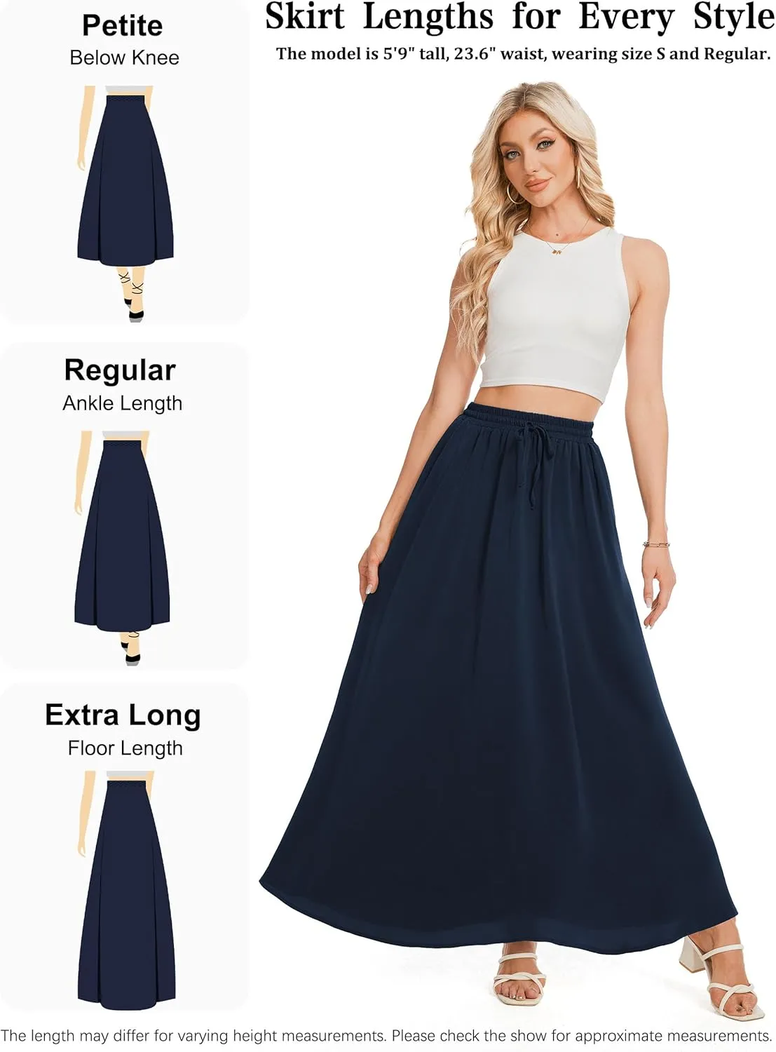 Tapata Women's Flowy Maxi Skirt Petite Regular Extra Long Casual Summer Pleated Skirts with Pockets