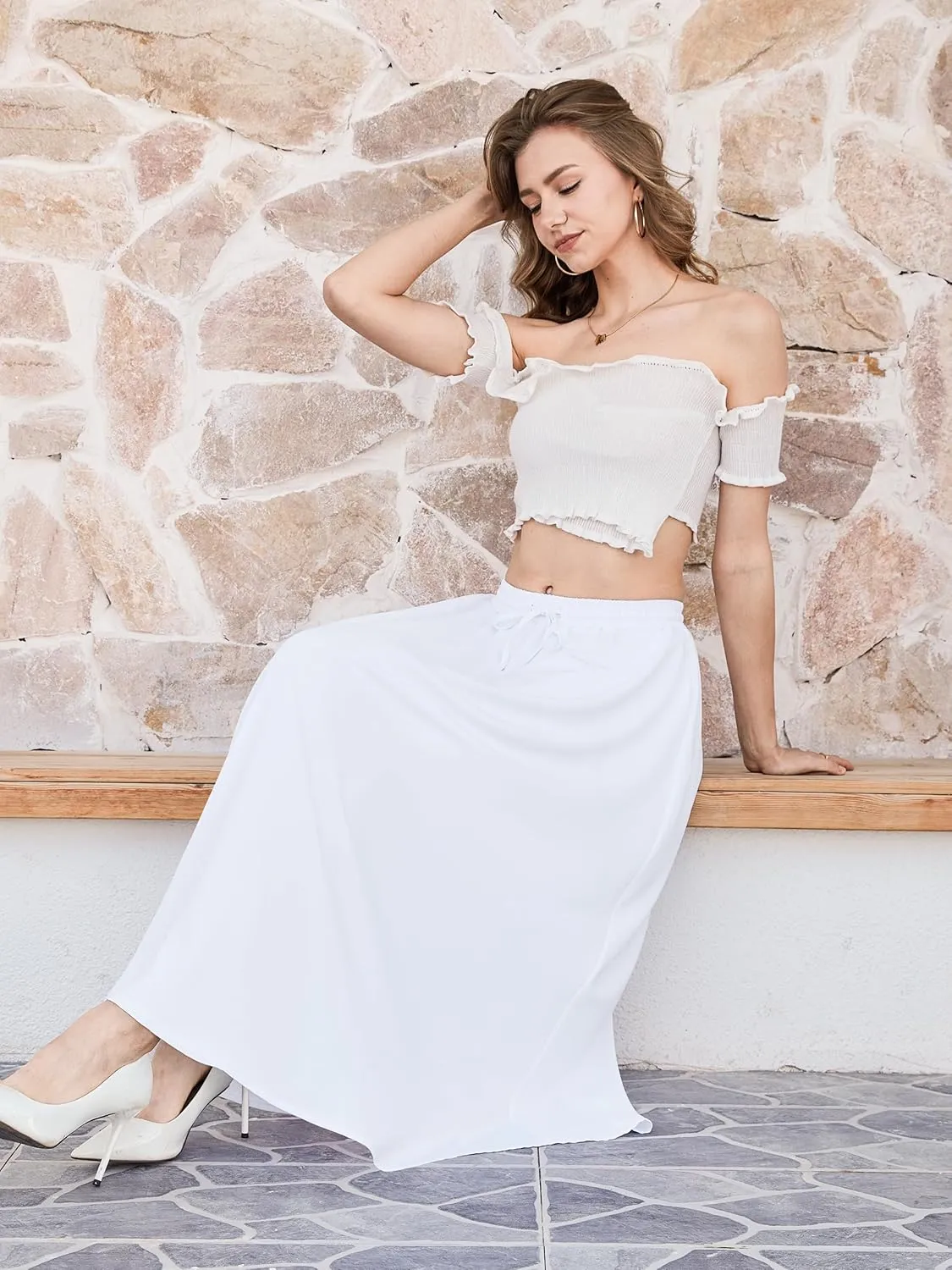 Tapata Women's Flowy Maxi Skirt Petite Regular Extra Long Casual Summer Pleated Skirts with Pockets