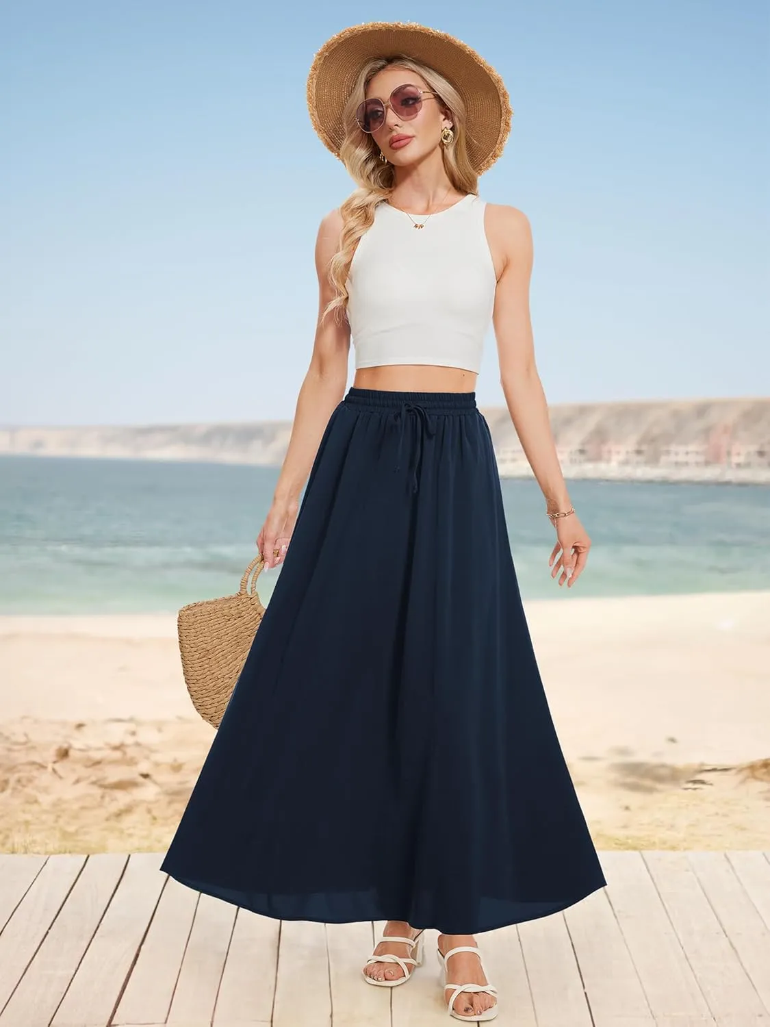 Tapata Women's Flowy Maxi Skirt Petite Regular Extra Long Casual Summer Pleated Skirts with Pockets