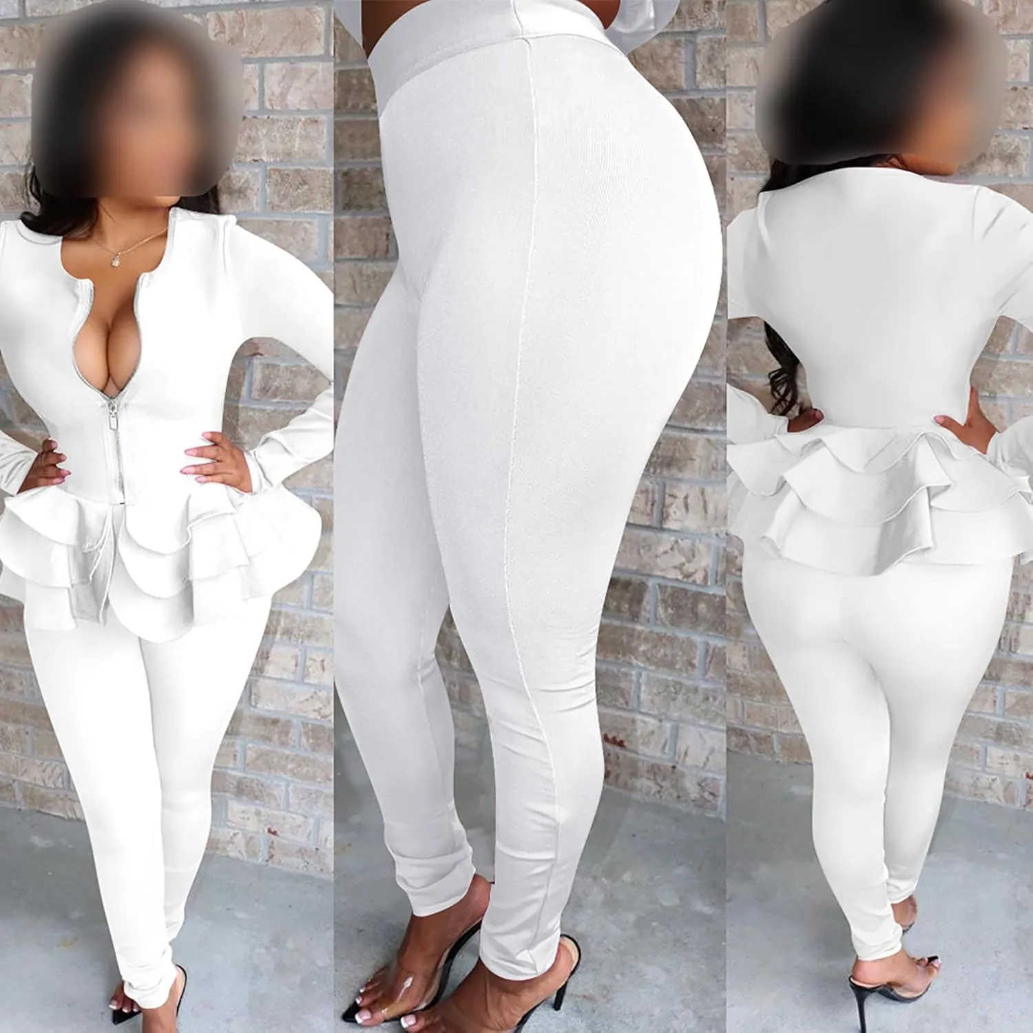 Tbahhir Women's Blazer Suits 2 Piece Sets Pants Sexy V Neck Ruffle Business Casual Bodycon Outfits Clubwear