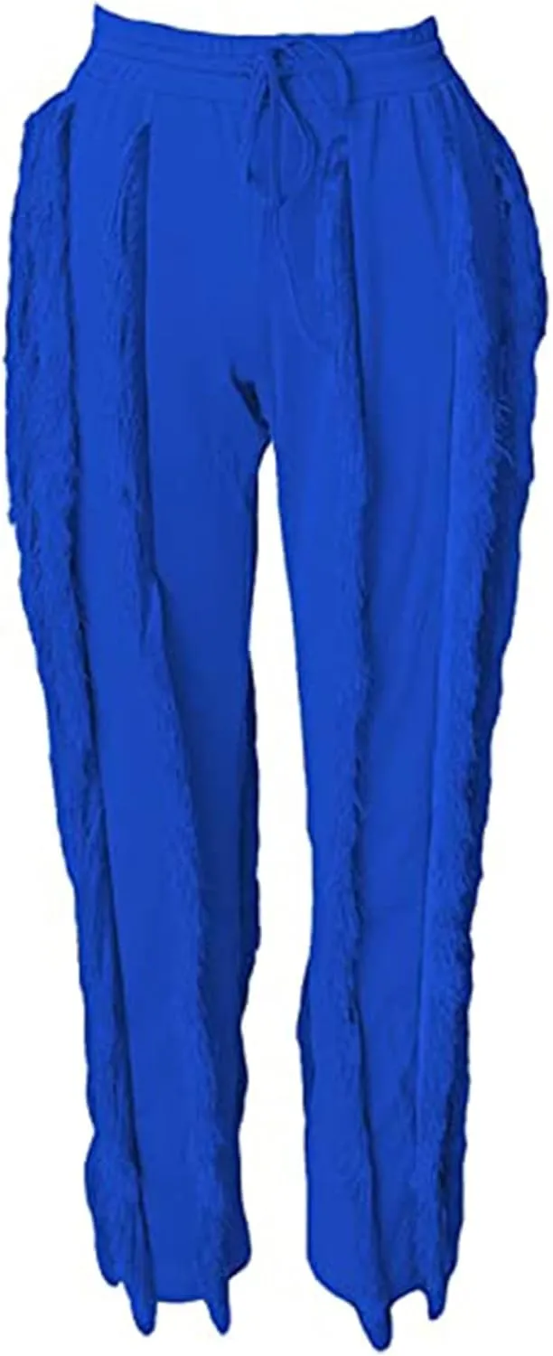 Tcremisa Fringe Pants for Women High Waist Tassel Trousers Drawstring Jogger Sweatpants Clubwear