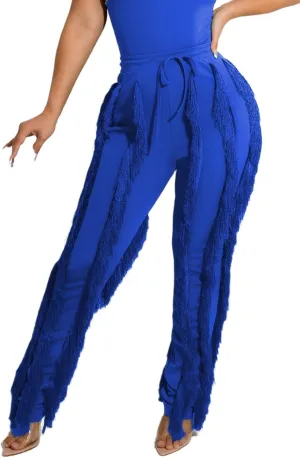 Tcremisa Fringe Pants for Women High Waist Tassel Trousers Drawstring Jogger Sweatpants Clubwear