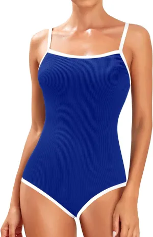 Tempt Me Women Athletic One Piece Swimsuit Ribbed Sporty Color Block Bathing Suit