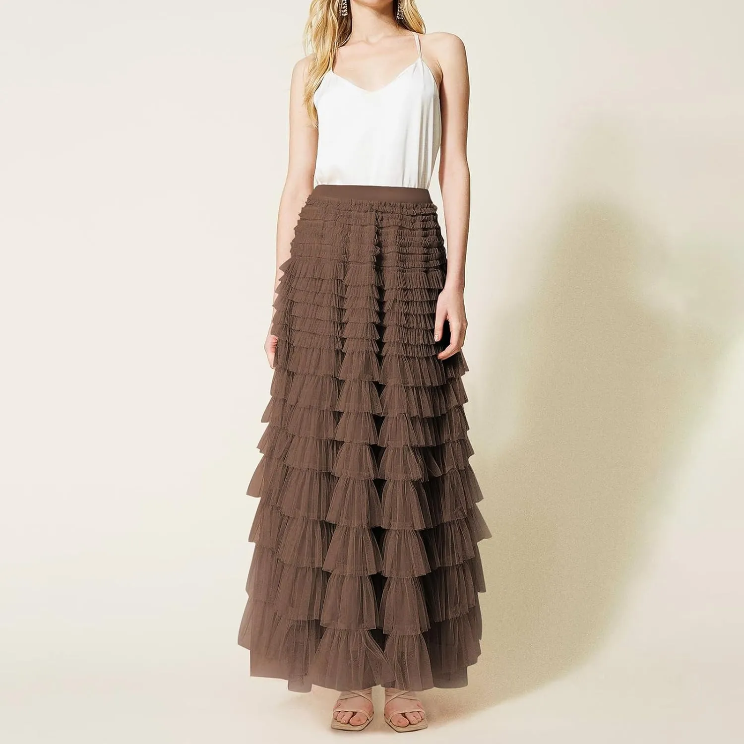 Tulle Long Skirt for Women Layered Ruffle Tutu Skirt Elastic Tiered Pleated Mesh A-Line Midi Skirts Prom Wedding