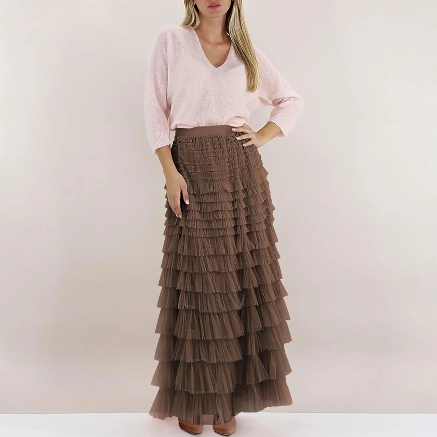 Tulle Long Skirt for Women Layered Ruffle Tutu Skirt Elastic Tiered Pleated Mesh A-Line Midi Skirts Prom Wedding