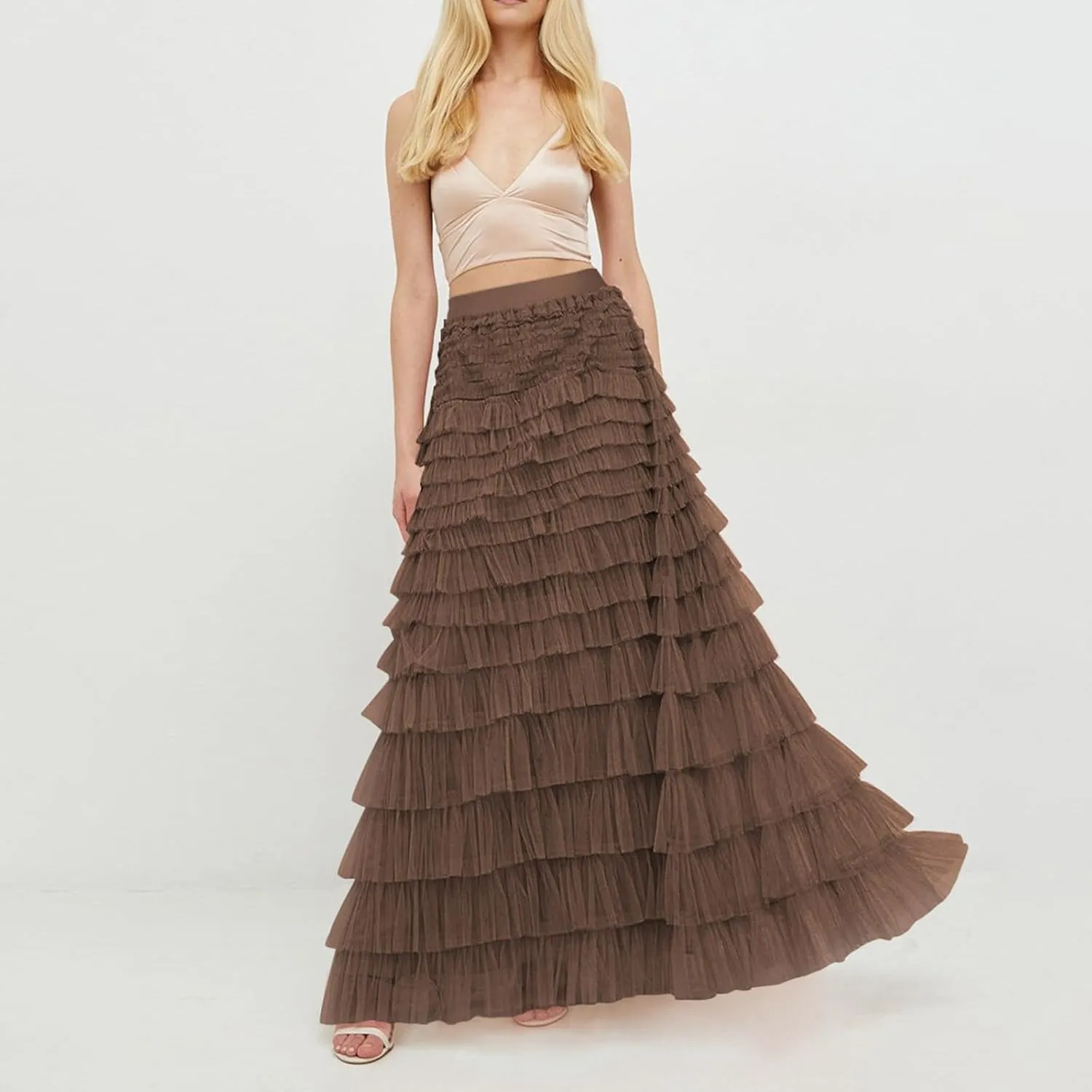 Tulle Long Skirt for Women Layered Ruffle Tutu Skirt Elastic Tiered Pleated Mesh A-Line Midi Skirts Prom Wedding
