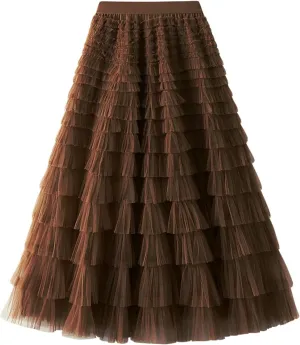 Tulle Long Skirt for Women Layered Ruffle Tutu Skirt Elastic Tiered Pleated Mesh A-Line Midi Skirts Prom Wedding