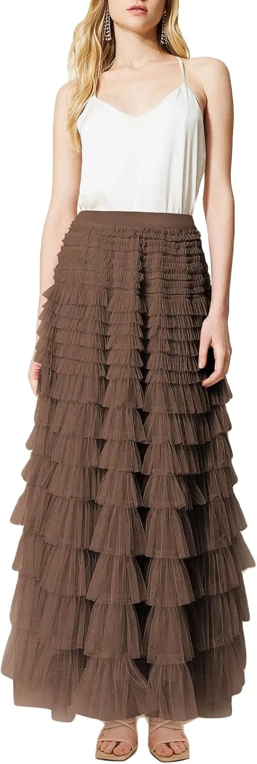 Tulle Long Skirt for Women Layered Ruffle Tutu Skirt Elastic Tiered Pleated Mesh A-Line Midi Skirts Prom Wedding