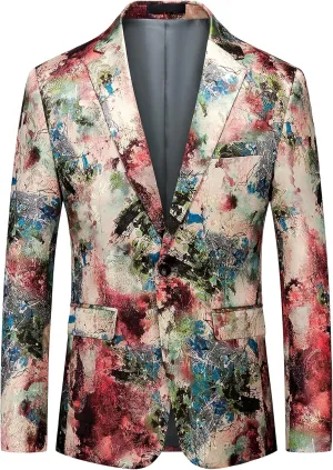 UNINUKOO Mens Blazer Printed Suit Jacket 1 Button Slim Fit Floral Dinner Sport Coat Blazers
