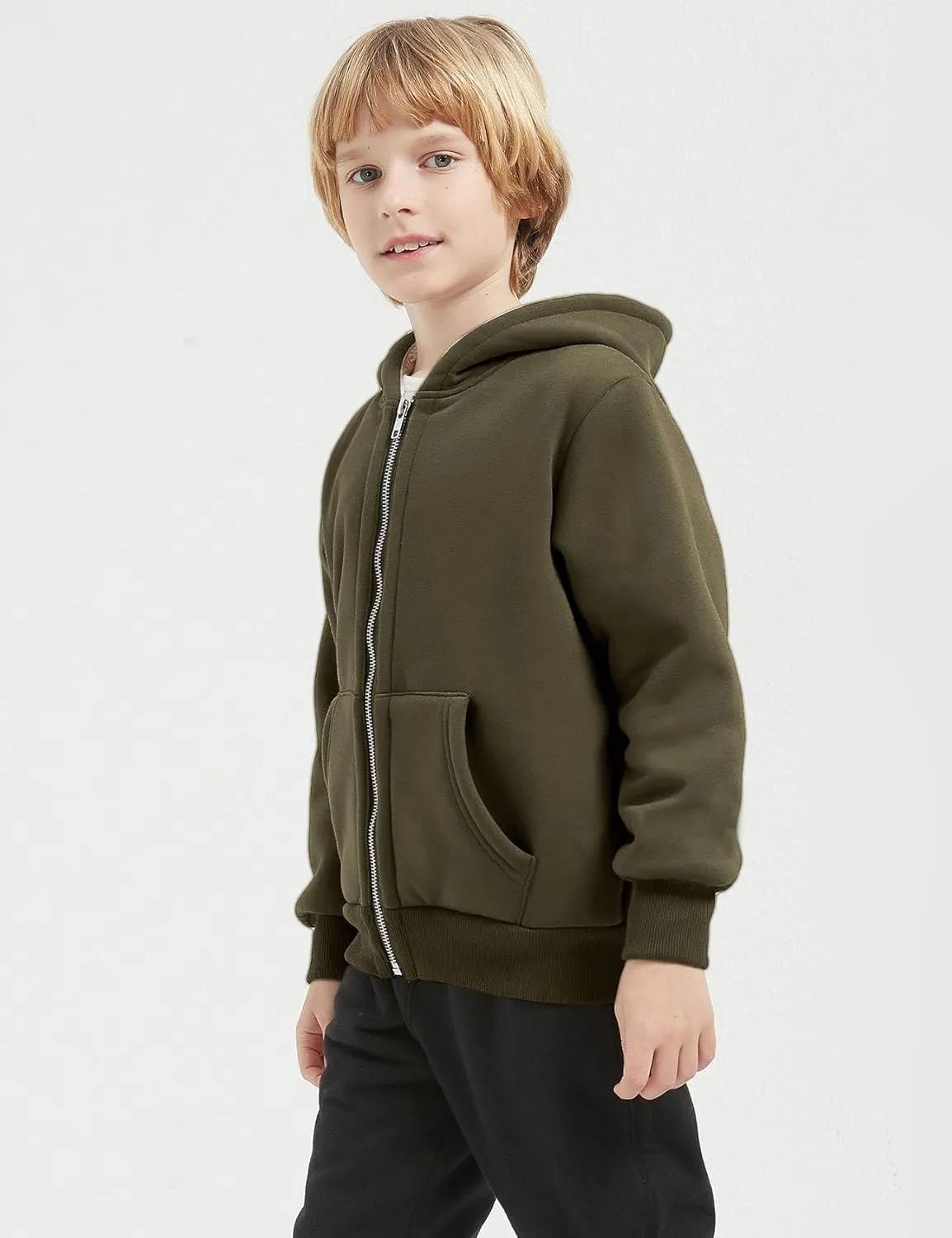 Unisex Boys Girls Sherpa Lined Fleece Jacket Hoodie Kids Warm Winter Zip Up Hooded Sweatshirt Jackets Coat 5-15Y