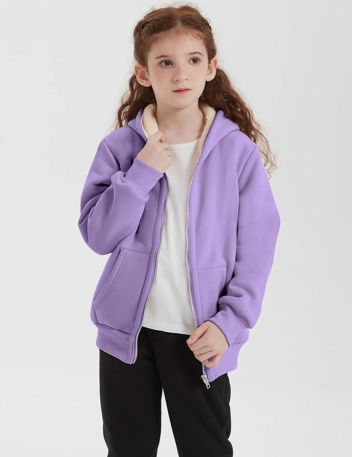 Unisex Boys Girls Sherpa Lined Fleece Jacket Hoodie Kids Warm Winter Zip Up Hooded Sweatshirt Jackets Coat 5-15Y